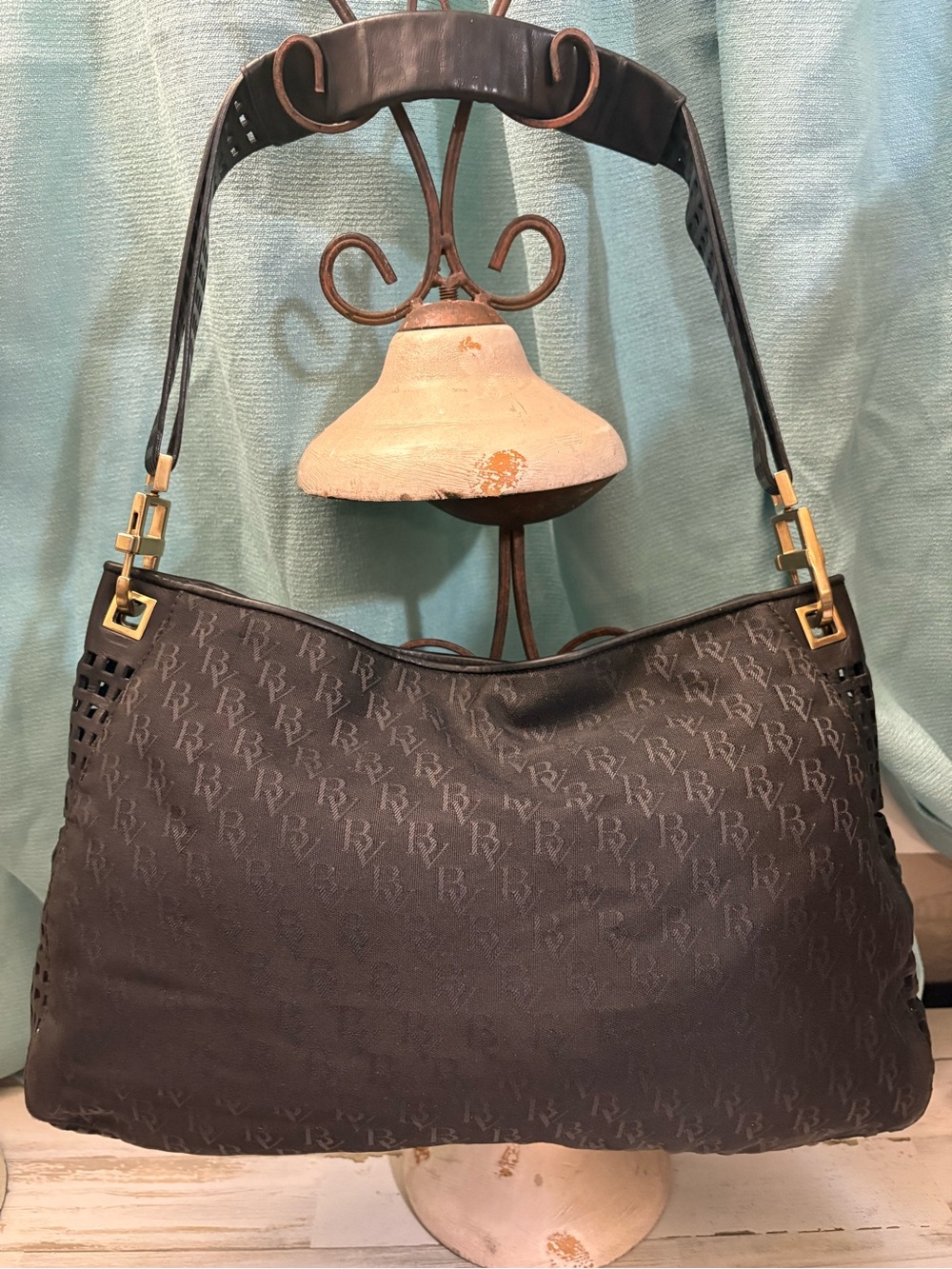 Bottega Veneta Black BB Monogram Canvas Perforated Leather Hobo Bag Made In Itay